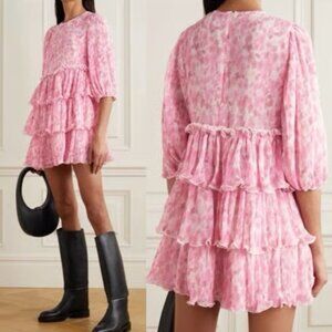 NWT GANNI Tiered Floral-print Plissé-georgette Mini Dress in Sweet Lilac M $275